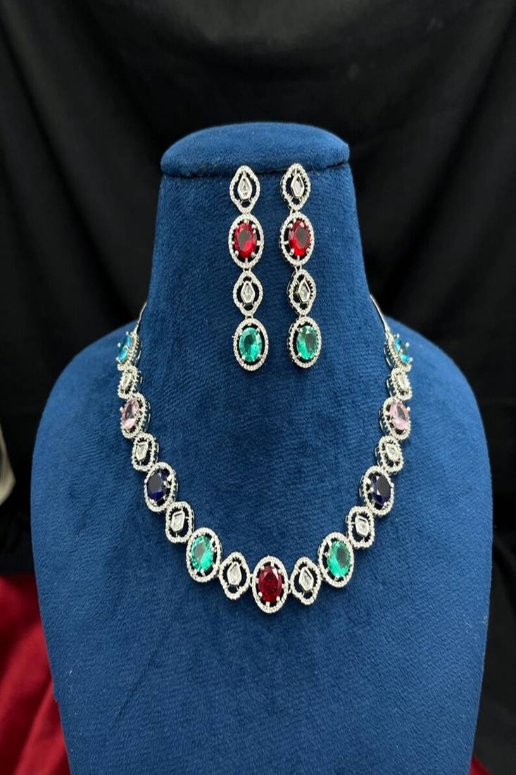 multicolor crystal choker necklace and drop earrings set, silver bridal jewellery