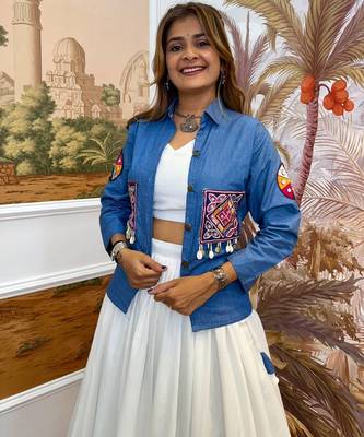 Blue navratri embroidered denim koti 1