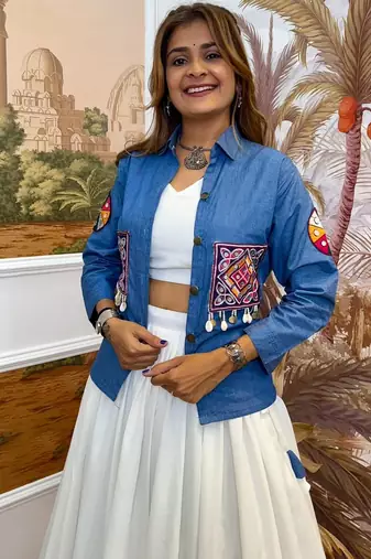 Blue navratri embroidered denim koti