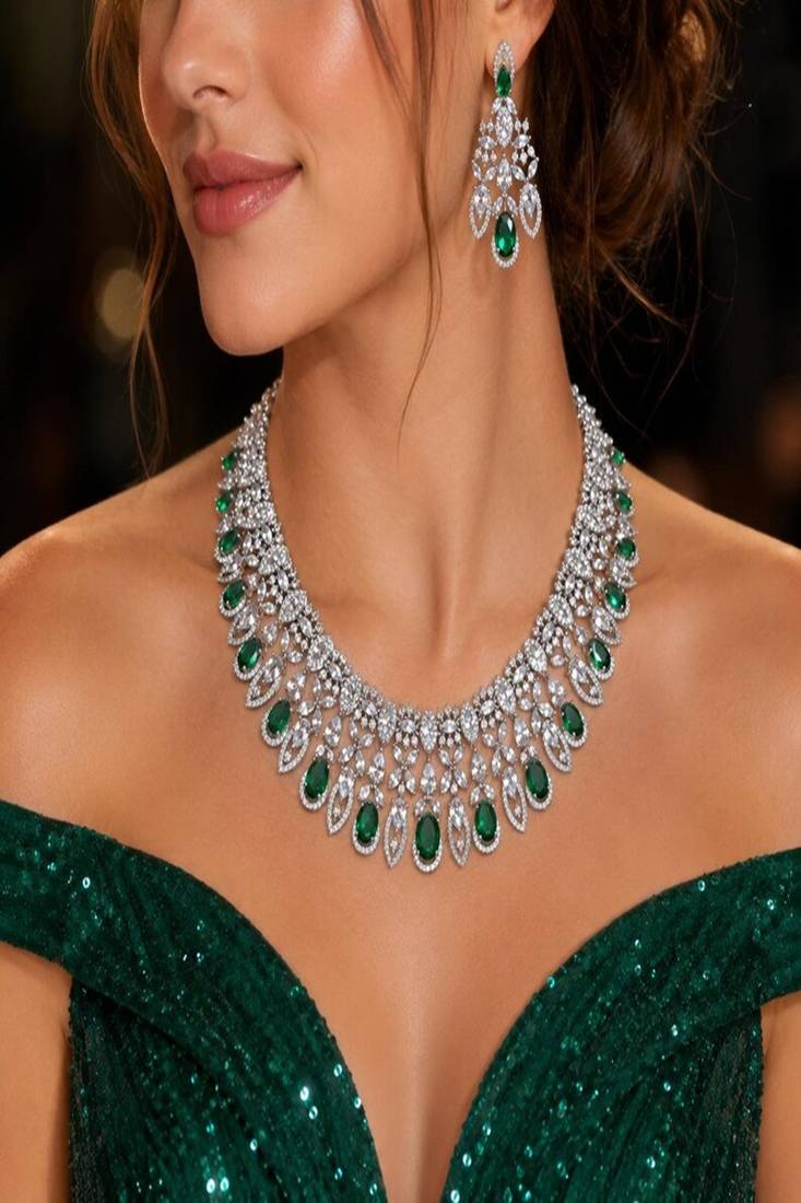 emerald green marquise crystal bridal jewellery set, statement necklace earrings