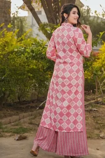 Floral printed rayon v neck kurta & trouser set