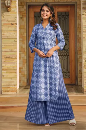 Floral printed rayon v neck kurta & trouser set