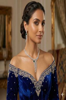 emerald green tear drop bridal necklace set | silver plated cz dangle earrings 1