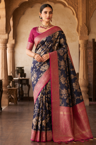 Neavy Blue Binni Weaving Jari Jaqurad Jaal Design Viscose Dola Silk Pattu Saree