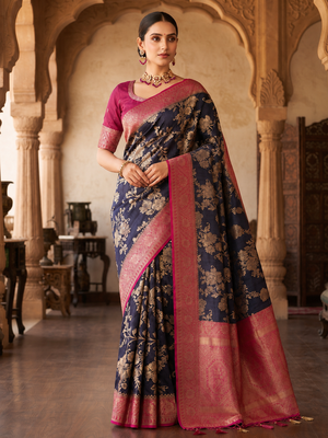 Neavy Blue Color Binni Weaving Jari Jaqurad Jaal Design Viscose Dola Silk Pattu Saree 1