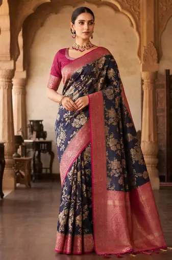 Neavy Blue Color Binni Weaving Jari Jaqurad Jaal Design Viscose Dola Silk Pattu Saree