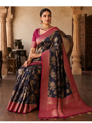 Neavy Blue Color Binni Weaving Jari Jaqurad Jaal Design Viscose Dola Silk Pattu Saree 2