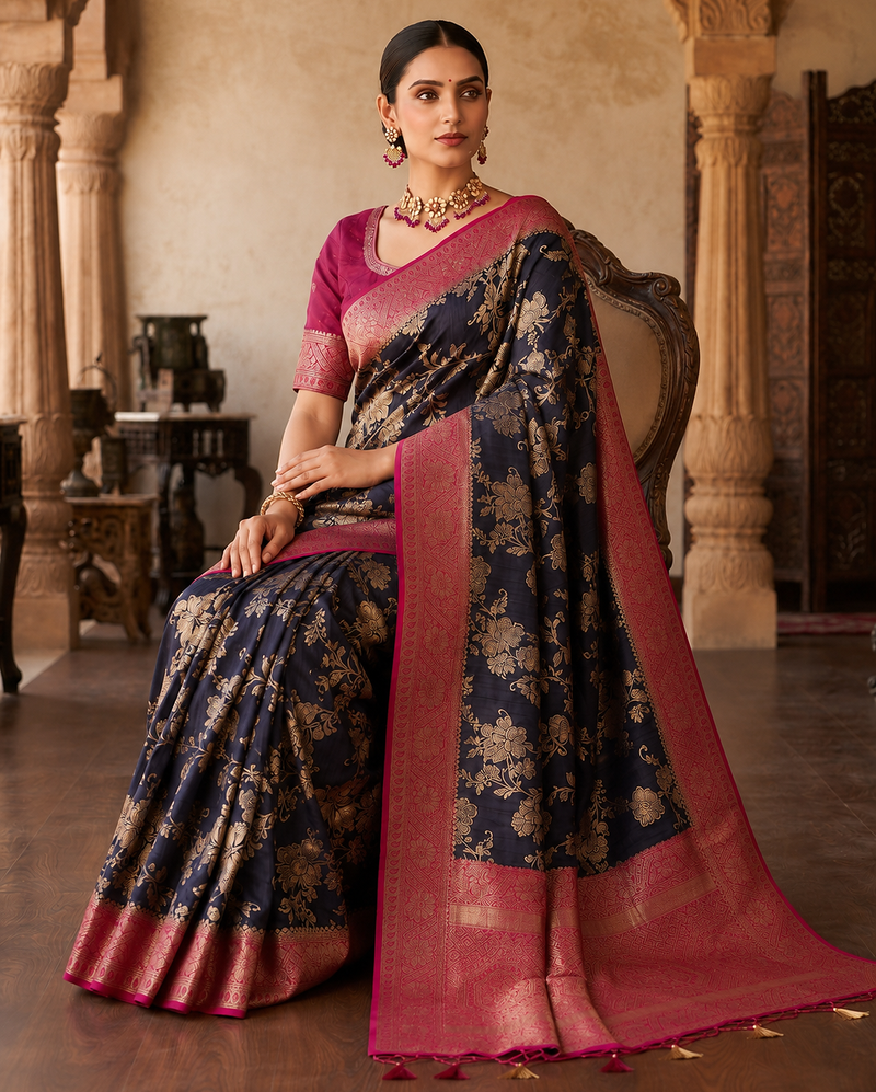 Neavy Blue Color Binni Weaving Jari Jaqurad Jaal Design Viscose Dola Silk Pattu Saree