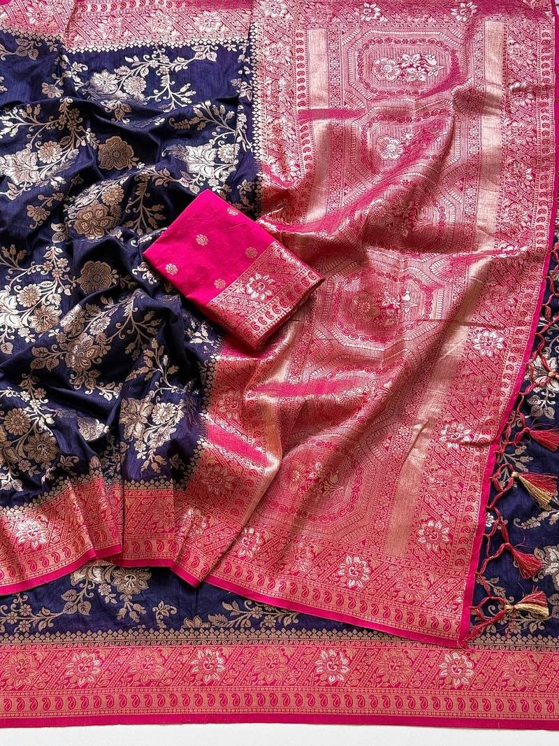 Neavy Blue Color Binni Weaving Jari Jaqurad Jaal Design Viscose Dola Silk Pattu Saree