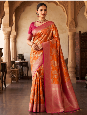 Orange Color Binni Weaving Jari Jaqurad Jaal Design Viscose Dola Silk Pattu Saree 1