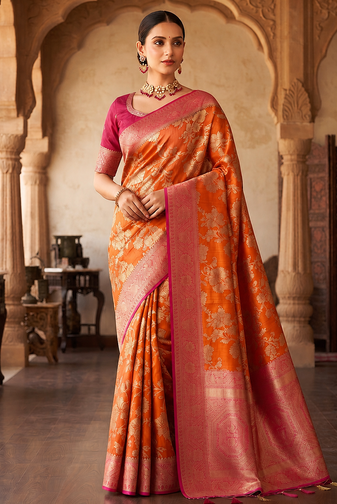 Orange Color Binni Weaving Jari Jaqurad Jaal Design Viscose Dola Silk Pattu Saree