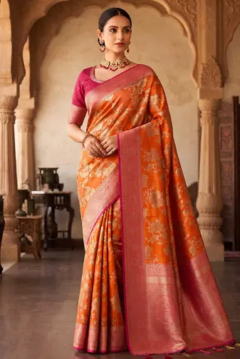 Orange Color Binni Weaving Jari Jaqurad Jaal Design Viscose Dola Silk Pattu Saree
