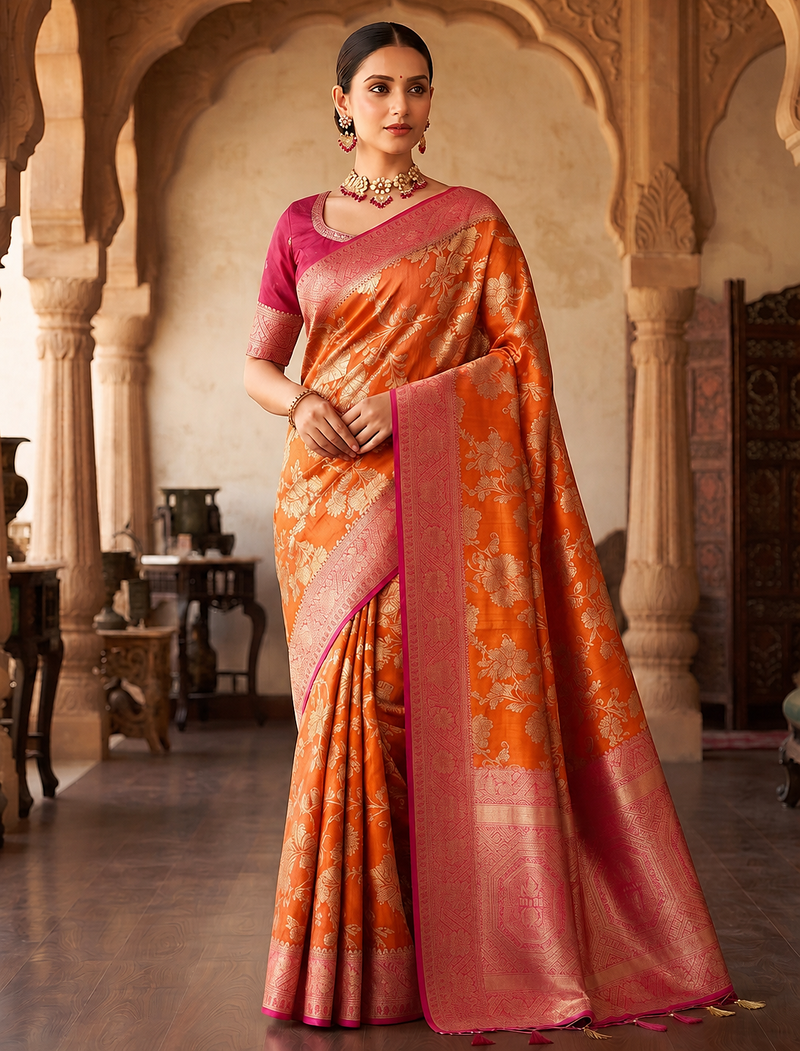 Orange Color Binni Weaving Jari Jaqurad Jaal Design Viscose Dola Silk Pattu Saree