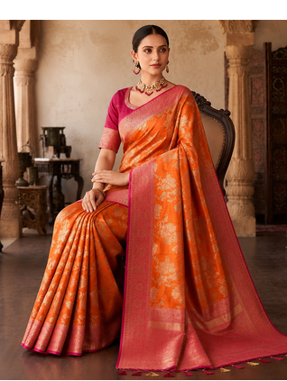 Orange Color Binni Weaving Jari Jaqurad Jaal Design Viscose Dola Silk Pattu Saree 2
