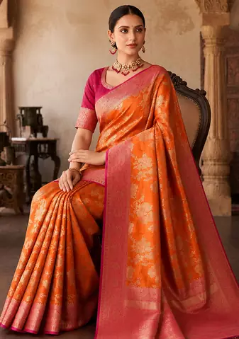 Orange Color Binni Weaving Jari Jaqurad Jaal Design Viscose Dola Silk Pattu Saree