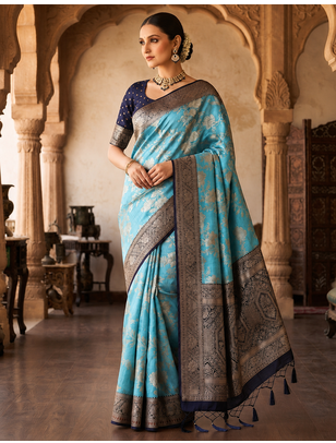 Sky Blue Color Binni Weaving Jari Jaqurad Jaal Design Viscose Dola Silk Pattu Saree 1