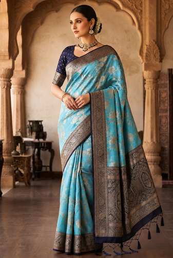 Sky Blue Binni Weaving Jari Jaqurad Jaal Design Viscose Dola Silk Pattu Saree