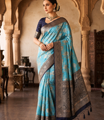 Sky Blue Color Binni Weaving Jari Jaqurad Jaal Design Viscose Dola Silk Pattu Saree
