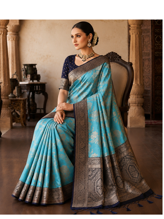 Sky Blue Color Binni Weaving Jari Jaqurad Jaal Design Viscose Dola Silk Pattu Saree 2