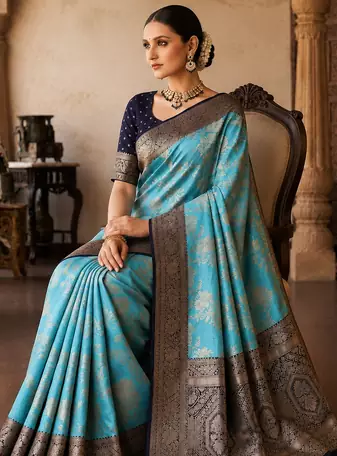 Sky Blue Color Binni Weaving Jari Jaqurad Jaal Design Viscose Dola Silk Pattu Saree