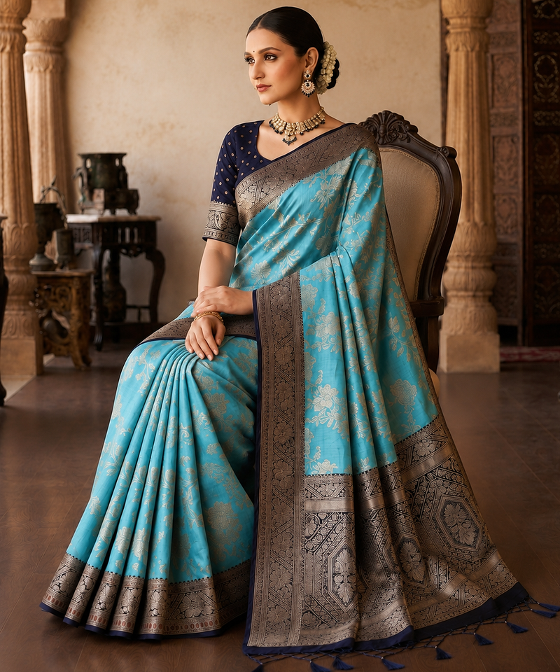 Sky Blue Color Binni Weaving Jari Jaqurad Jaal Design Viscose Dola Silk Pattu Saree