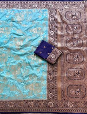 Sky Blue Color Binni Weaving Jari Jaqurad Jaal Design Viscose Dola Silk Pattu Saree 3