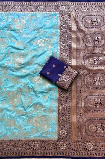 Sky Blue Color Binni Weaving Jari Jaqurad Jaal Design Viscose Dola Silk Pattu Saree