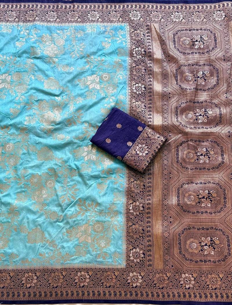 Sky Blue Color Binni Weaving Jari Jaqurad Jaal Design Viscose Dola Silk Pattu Saree