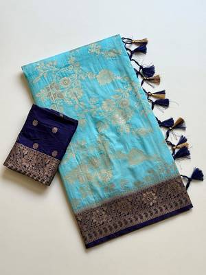 Sky Blue Color Binni Weaving Jari Jaqurad Jaal Design Viscose Dola Silk Pattu Saree 4
