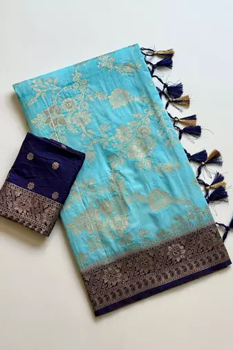 Sky Blue Color Binni Weaving Jari Jaqurad Jaal Design Viscose Dola Silk Pattu Saree