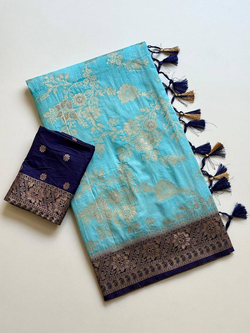 Sky Blue Color Binni Weaving Jari Jaqurad Jaal Design Viscose Dola Silk Pattu Saree