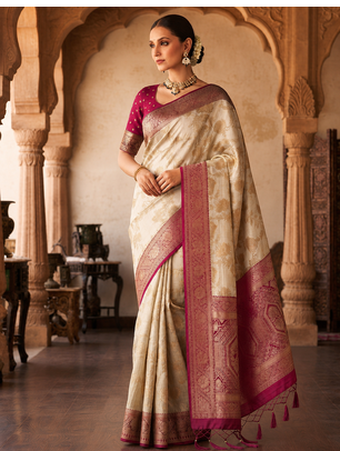 White-Rani Pink Color Binni Weaving Jari Jaqurad Jaal Design Viscose Dola Silk Pattu Saree 1