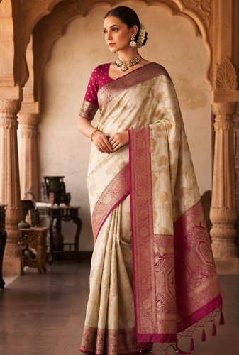 White-Rani Pink Color Binni Weaving Jari Jaqurad Jaal Design Viscose Dola Silk Pattu Saree