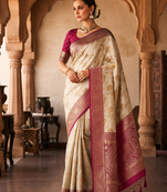 White-Rani Pink Color Binni Weaving Jari Jaqurad Jaal Design Viscose Dola Silk Pattu Saree