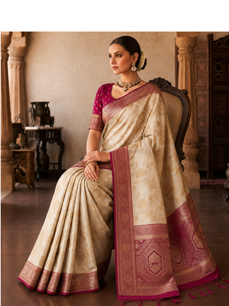 White-Rani Pink Color Binni Weaving Jari Jaqurad Jaal Design Viscose Dola Silk Pattu Saree 2