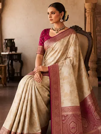 White-Rani Pink Color Binni Weaving Jari Jaqurad Jaal Design Viscose Dola Silk Pattu Saree