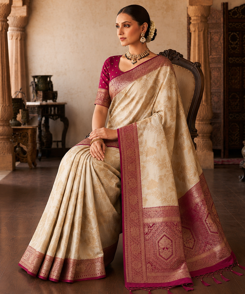 White-Rani Pink Color Binni Weaving Jari Jaqurad Jaal Design Viscose Dola Silk Pattu Saree