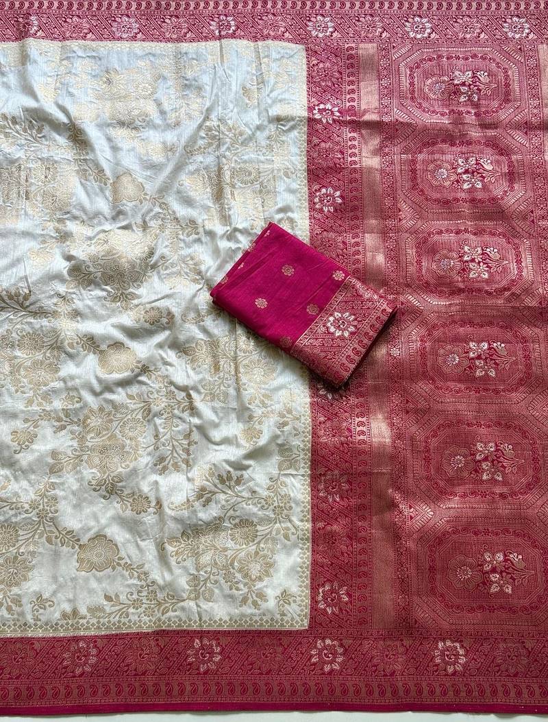 White-Rani Pink Color Binni Weaving Jari Jaqurad Jaal Design Viscose Dola Silk Pattu Saree