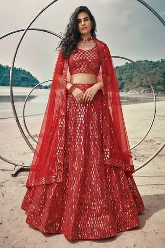 Red Premium Butterfly Net Sequins Embroidered Lehenga Choli Set