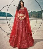 Red Premium Butterfly Net Sequins Embroidered Lehenga Choli Set