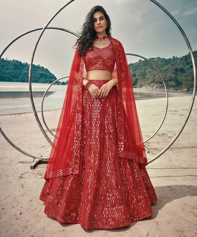 Red Premium Butterfly Net Sequins Embroidered Lehenga Choli Set