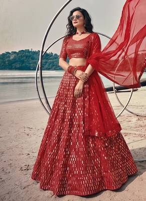 Red Premium Butterfly Net Sequins Embroidered Lehenga Choli Set 2