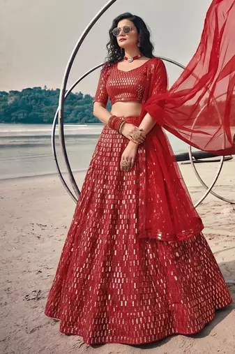 Red Premium Butterfly Net Sequins Embroidered Lehenga Choli Set