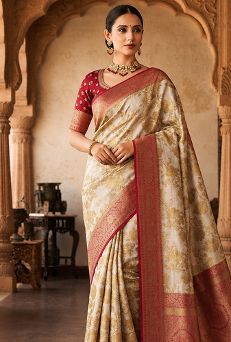 White-Red Color Binni Weaving Jari Jaqurad Jaal Design Viscose Dola Silk Pattu Saree