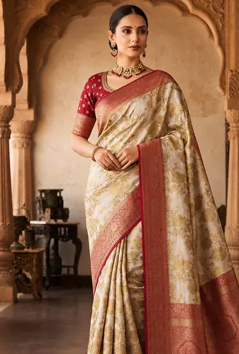 White-Red Color Binni Weaving Jari Jaqurad Jaal Design Viscose Dola Silk Pattu Saree