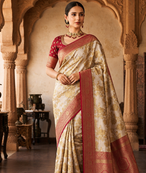 White-Red Color Binni Weaving Jari Jaqurad Jaal Design Viscose Dola Silk Pattu Saree