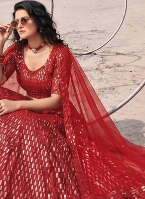 Red Premium Butterfly Net Sequins Embroidered Lehenga Choli Set 3