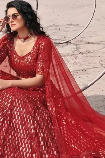 Red Premium Butterfly Net Sequins Embroidered Lehenga Choli Set