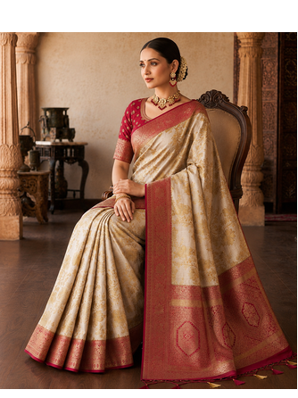 White-Red Color Binni Weaving Jari Jaqurad Jaal Design Viscose Dola Silk Pattu Saree 2