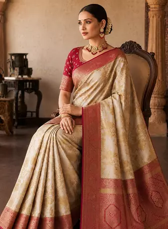 White-Red Color Binni Weaving Jari Jaqurad Jaal Design Viscose Dola Silk Pattu Saree